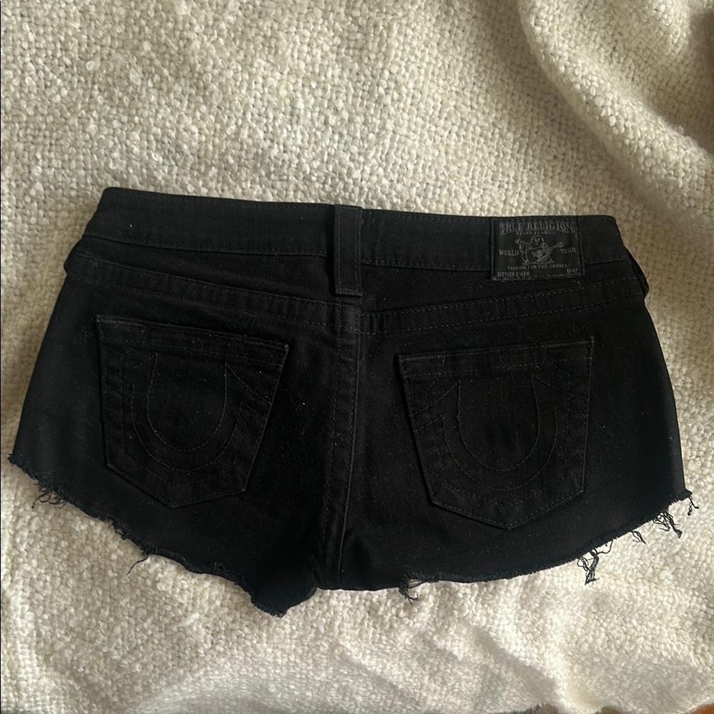 True Religion Black Jean Shorts Distressed Cut-Off Hem